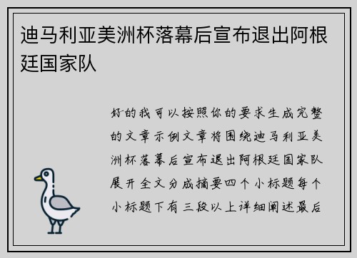 迪马利亚美洲杯落幕后宣布退出阿根廷国家队