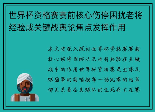 世界杯资格赛赛前核心伤停困扰老将经验成关键战舆论焦点发挥作用